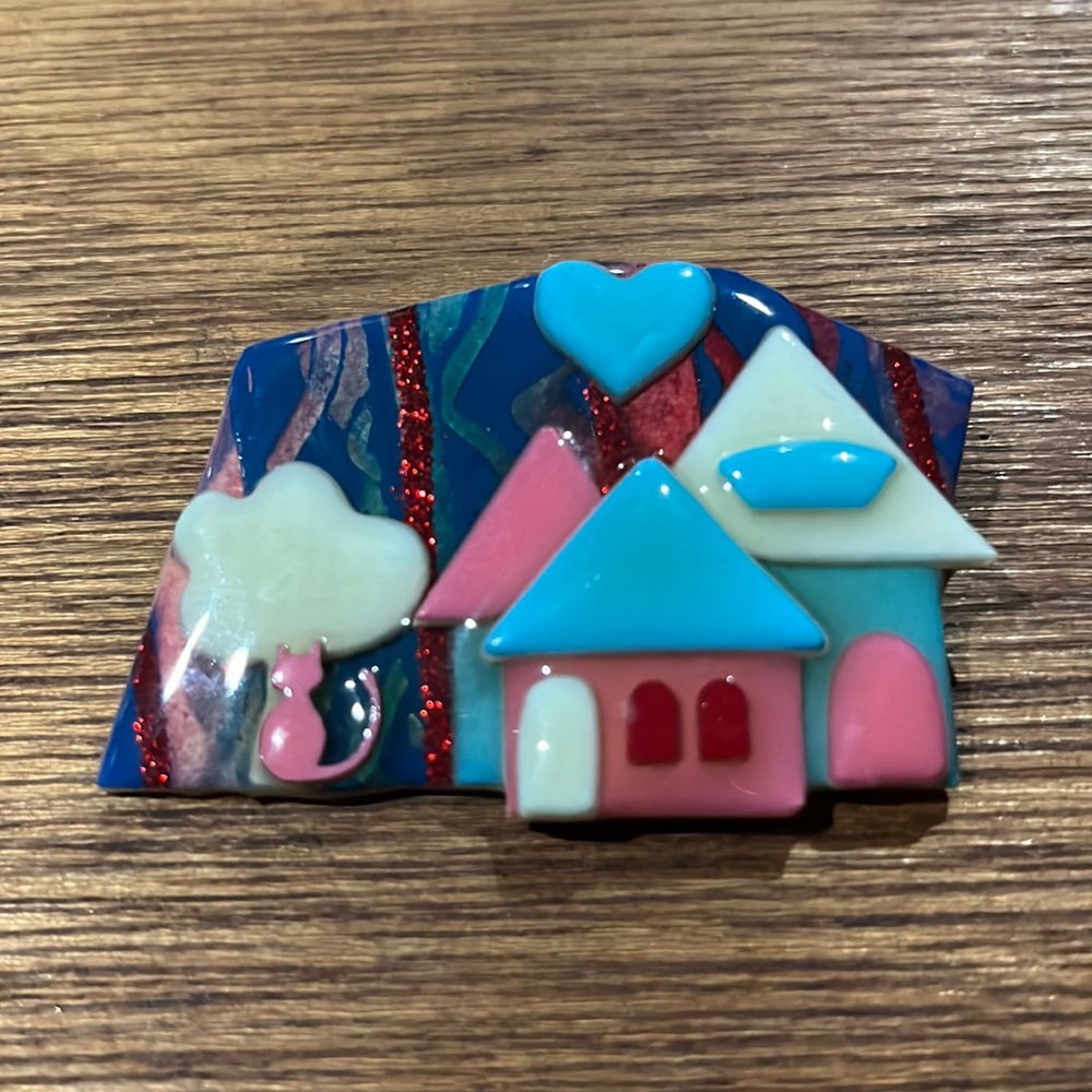 Vintage Blue Sky House Pin with pink cat By Lucinda